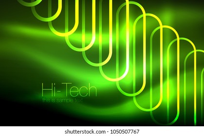 Glowing ellipses dark background, waves and swirl, neon light effect, shiny magic effects. Vector illustration