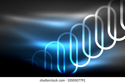 Glowing ellipses dark background, waves and swirl, neon light effect, shiny magic effects. Vector illustration