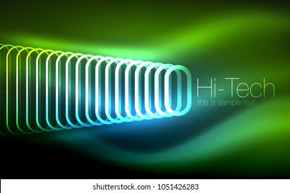 Glowing ellipses dark background, waves and swirl, neon light effect, shiny magic effects. Vector illustration