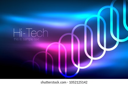 Glowing ellipses dark background, waves and swirl, neon light effect, shiny magic effects. Vector illustration