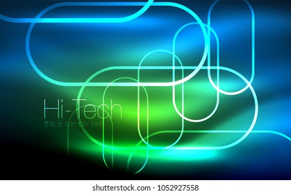 Glowing ellipses dark background, waves and swirl, neon light effect, shiny magic effects. Vector illustration