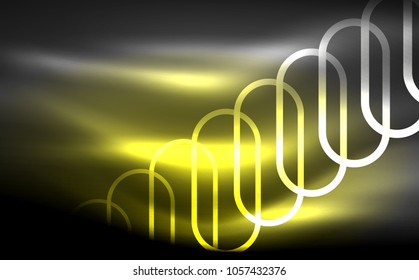 Glowing ellipses dark background, waves and swirl, neon light effect, shiny magic effects. Vector illustration