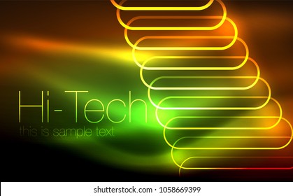 Glowing ellipses dark background, waves and swirl, neon light effect, shiny magic effects. Vector illustration