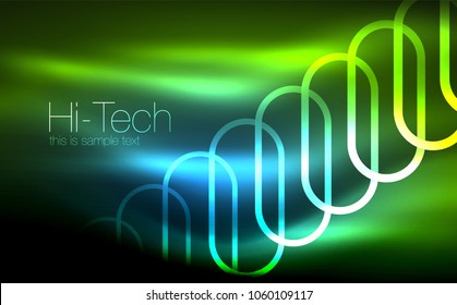 Glowing ellipses dark background, waves and swirl, neon light effect, shiny magic effects. Vector illustration