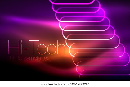 Glowing ellipses dark background, waves and swirl, neon light effect, shiny magic effects. Vector illustration