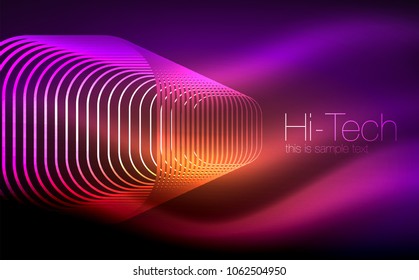 Glowing ellipses dark background, waves and swirl, neon light effect, shiny magic effects. Vector illustration