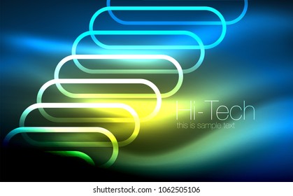 Glowing ellipses dark background, waves and swirl, neon light effect, shiny magic effects. Vector illustration