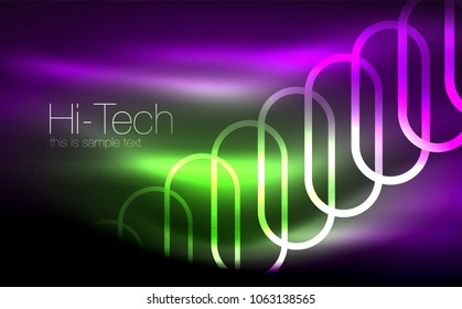 Glowing ellipses dark background, waves and swirl, neon light effect, shiny magic effects. Vector illustration