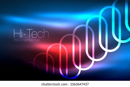 Glowing ellipses dark background, waves and swirl, neon light effect, shiny magic effects. Vector illustration