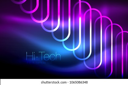Glowing ellipses dark background, waves and swirl, neon light effect, shiny magic effects. Vector illustration