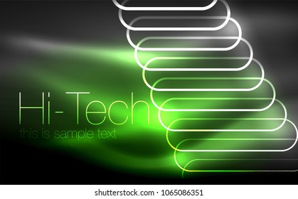 Glowing ellipses dark background, waves and swirl, neon light effect, shiny magic effects. Vector illustration