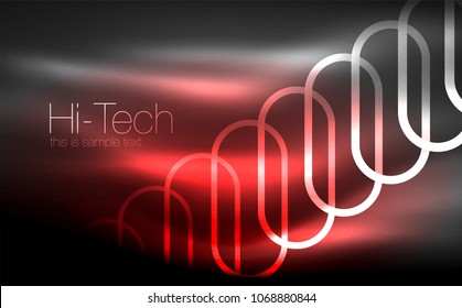 Glowing ellipses dark background, waves and swirl, neon light effect, shiny magic effects. Vector illustration
