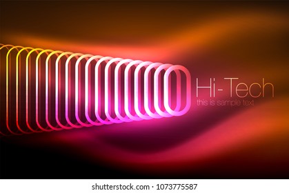 Glowing ellipses dark background, waves and swirl, neon light effect, shiny magic effects. Vector illustration