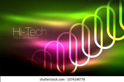 Glowing ellipses dark background, waves and swirl, neon light effect, shiny magic effects. Vector illustration