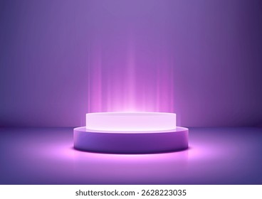 Brilhante pódio cilíndrico 3D vazio em um espaço futurista roxo iluminado, iluminado por feixes de luz ascendentes. Conceito de tecnologia minimalista para exibição, maquete ou apresentação de produtos em um elegante showroom