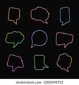 Glowing empty comic speech bubbles. Colorful comic speech bubbles for advertising promotion, sale text, emblem, frame. Sparkle speaking bubble text, chatting box, message box, outline cartoon.