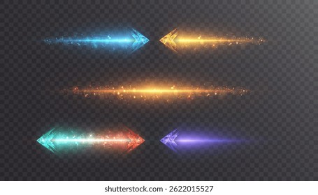 Glowing energy arrows with sparkling motion trails and blur effects in multiple colors. Dynamic directional strokes for game HUD, magical hits, and UI indicators.

