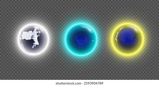 Glowing energy orbs with blue core and neon light effects in white, cyan, and yellow. Digital elements isolated on transparent background