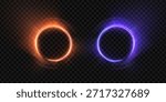 A glowing energy ring, a fiery circle, orange and blue glow, a bright frame of a fantastic portal, isolated on a transparent dark background. Vector