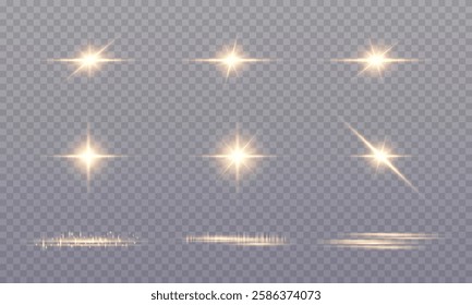 Glowing explosion of light and transparent background. Flash of light, star burst, white sun rays, png. Vector graphics.