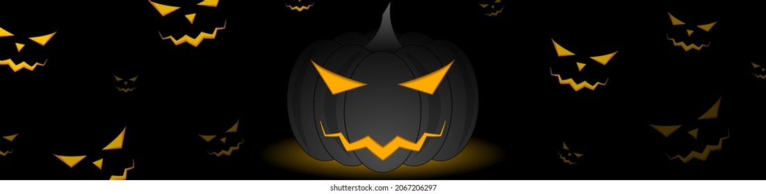Glowing eyes of monsters in the dark of night. Halloween banner vector background