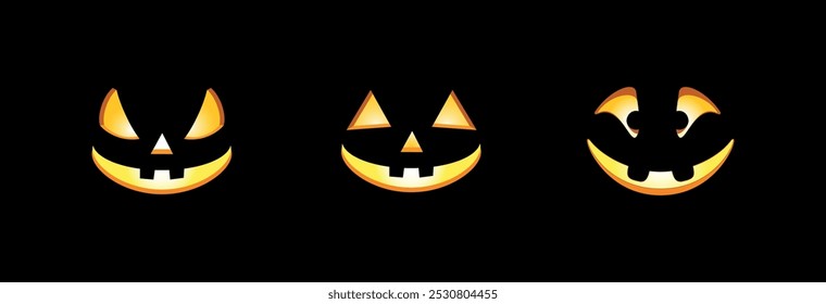 Glowing Eyes and Mouth of Halloween Pumpkin or Ghost Faces Vector Set with Carved Facial Features. Different Emotions on Black Background. Spooky, Joyful Art with Angry, Kind, Cheerful Faces