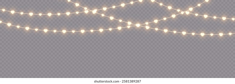 Glowing fairy heart garland string with LED light bulbs for Valentine’s Day decorations. A seamless border of heart-shaped lights designed for festive romantic celebrations, weddings, and love-themed 