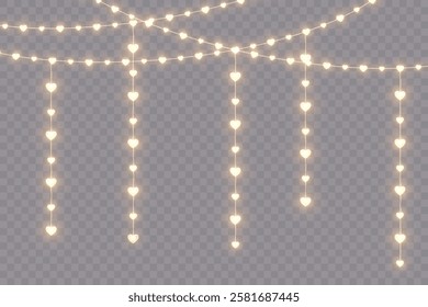 Glowing fairy heart garland string with LED light bulbs for Valentine’s Day decorations. A seamless border of heart-shaped lights designed for festive romantic celebrations, weddings, and love-themed 