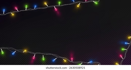 Glowing fairy lights garland - bright colorful bulbs on wire string isolated on transparent. Festive neon Christmas decorations, party supplies. Realistic holiday vector border, frame with shiny lamps