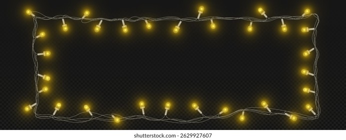 Glowing fairy lights garland frame - string of yellow illuminated mini bulbs arranged in rectangular border shape. Realistic vector Christmas festive decorations on transparent bg for holiday design.