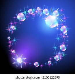 Glowing fairytale background with bubbles and sparkling stars. Round fantasy magical frame consists of transparent iridescent balls.