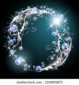 Glowing fairytale background with soap bubbles, floral ornament and sparkling stars. Round fantasy magical frame consists of transparent iridescent balls and copy space.