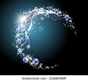 Glowing fairytale background with soap bubbles, floral ornament and sparkling stars. Round magical frame consists of transparent iridescent balls and copy space.
