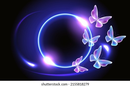 Glowing fairytale neon round frame with magical butterflies. Abstract fantastic glowing background.