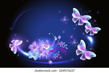 Glowing fairytale neon round frame with magical transparent butterflies and flowers. Abstract fantastic background.