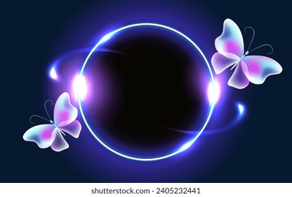 Glowing fairytale neon round frame with magical transparent butterflies. Abstract fantastic background.