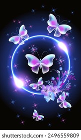 Glowing fairytale neon round frame with magical transparent butterflies and flowers. Abstract fantastic background.