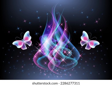 Glowing fairytale wave smoke with magical butterflies against the background of the starry night sky. Abstract fantastic background.