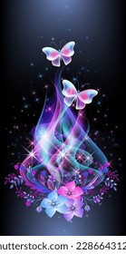 Glowing fairytale wave smoke with magical butterflies against the background of the starry night sky. Abstract fantastic background.