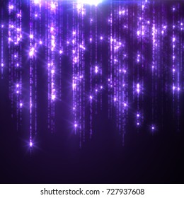 Glowing falling sparkles and stars. Rain of glittering particles. Light effect. Holiday shimmering decoration. Vector illustration of hanging festoon. Sparkling threads curtain. Confetti effect