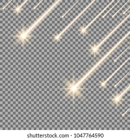 Estrellas en caída brillante sobre fondo transparente, efecto claro, color dorado