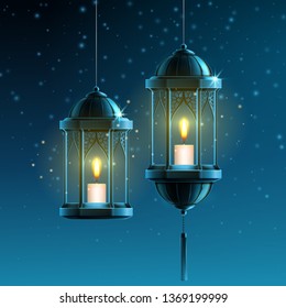 Glowing fanous or vintage fanoos, hanging islam lantern or antique arab light with candle at night. Background symbol or object for ramadan kareem or eid mubarak. Eastern or muslim holiday theme