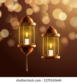 Glowing fanous or vintage fanoos, hanging islam lantern or antique arab light with candle at night. Background symbol or object for ramadan kareem or eid mubarak. Eastern or muslim holiday theme