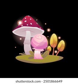 Glowing fantasy alien mushrooms group with sparkles vector illustration. Cartoon magic unusual fungi fly agaric, toadstool. Fairy nature fungus. Game gui fantastic plant on the lawn on black