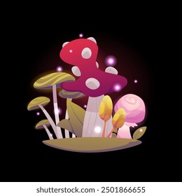 Glowing fantasy alien mushrooms group vector illustration. Cartoon magic unusual fungi fly agaric, toadstool. Fairy nature fungus with sparkles. Game gui fantastic plant on the lawn on black