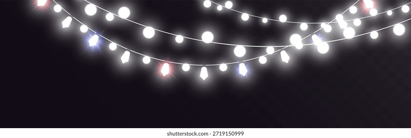 Iluminação de corda festiva brilhante com bokeh suave e iluminação frontal suave no fundo escuro.