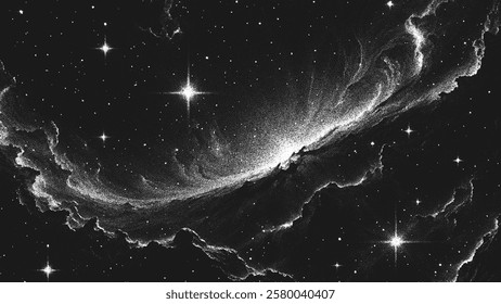 Glowing fiery cosmic phoenix nebula emerging from stardust and gas clouds in deep space. Ethereal space clouds and bright stars in stippling style. Black and white dotted stippling vector illustration