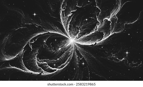 Glowing fiery cosmic phoenix nebula emerging from stardust and gas clouds in deep space. Ethereal space clouds and bright stars in stippling style. Black and white dotted stippling vector illustration