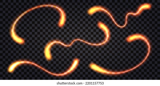 Glowing fiery wave swirl set, red hot light trail, neon glow effect. Lightning thunder bolt, dynamic impulse, electric shock, flash explosion. Isolated transparent vector illustration