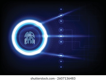 A glowing fingerprint icon surrounded by futuristic blue light effects, symbolizing biometric security and digital authentication technology. Business AI technology digital network